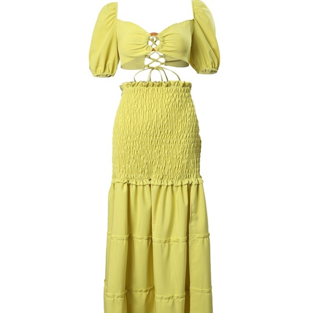 NWOT ChicMe Yellow Crop Top & Frill Hem Shirred Slit Maxi Skirt Set Women’s XL